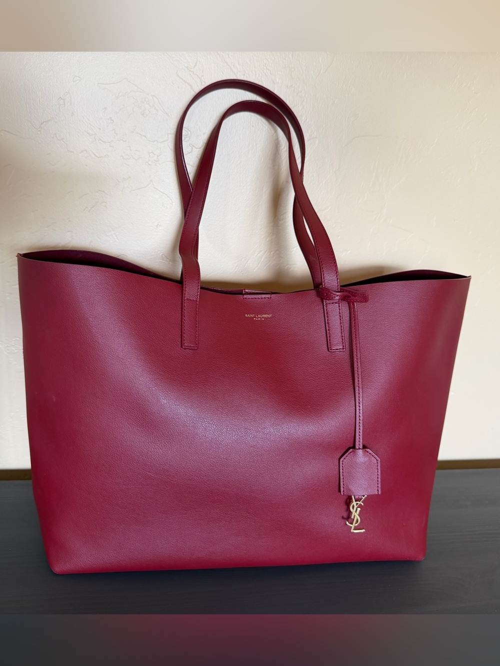 Yves SAINT LAURENT YSL Calfskin Large Shopping Tote Red Burgundy Pre Owned